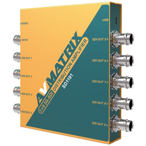 AVMatrix SD1191 1×9 SDI Reclocking Distribution Amplifier with 3G HD SD-SDI Multi-rate Signal Processing, 9 Buffered and Re-clocked Outputs, Support DVB-ASI Signals, LED Indicators, Locking Power Supply, and Mounting Ear on Sale