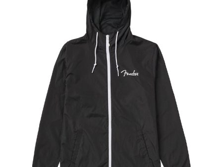 Fender Spaghetti Logo Windbreaker Jacket with Zipper Tape Hood Ties Mesh Lining (Small) (Black) For Sale