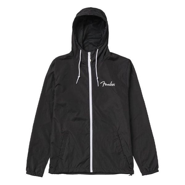 Fender Spaghetti Logo Windbreaker Jacket with Zipper Tape Hood Ties Mesh Lining (Small) (Black) For Sale