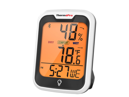 ThermoPro TP358 Hygrometer and Thermometer with Built-in Clock, Bluetooth 5.0, Premium Sensirion 260ft Humidity and Temperature Sensors, Comfort Level Indicator, Backlight and App Support for Indoors and Greenhouse Use Fashion