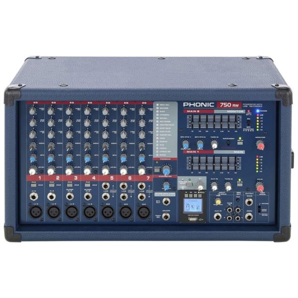 Phonic POWERPOD 750RW 500W 7-Channel Powered Mixer with USB Recorder, Wireless Bluetooth, Built-in Limiter, 2 Super Hi-Z Inputs, 32 40-bit Digital Effect Processor, and 1 4  AUX Input For Sale